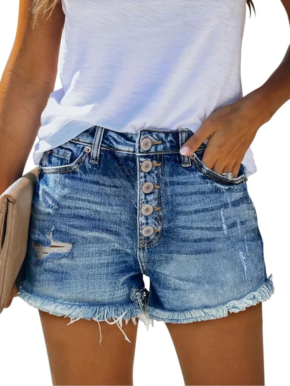 Indigo Rein Distressed Dark Blue Denim Button-Fly Shorts